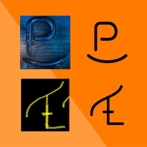 May include: A comparison of two different styles of the letter 'P' and the Chinese character '在'. The first 'P' is blue and carved into wood. The second 'P' is black and outlined. The first '在' is yellow and outlined on a black background. The second '在' is black and outlined.