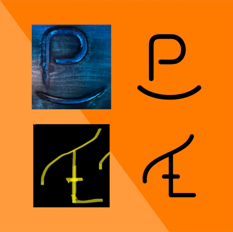 May include: A comparison of two different styles of the letter 'P' and the Chinese character '在'. The first 'P' is blue and carved into wood. The second 'P' is black and outlined. The first '在' is yellow and outlined on a black background. The second '在' is black and outlined.