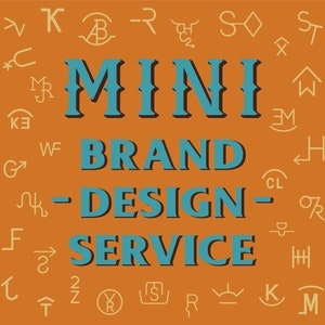 May include: A graphic design for a brand with the text "MINI BRAND - DESIGN - SERVICE" in blue on an orange background with various stylized letters and symbols.