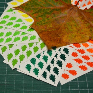 May include: A set of eight sheets of stickers featuring different shades of green, dark green, orange, and brown oak leaves. The stickers are arranged in a fan shape with a dried brown leaf on top.
