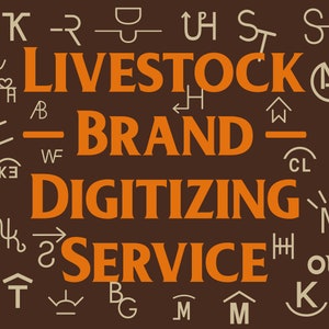 May include: A brown background with the text "Livestock Brand Digitizing Service" in orange. The background is decorated with various stylized cattle brands in tan.