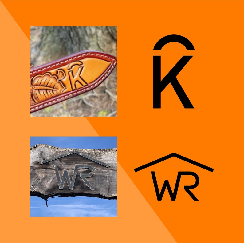 May include: A close-up of a brown leather belt with a carved design of a leaf and the letter "K". The belt is shown next to a black and white graphic of the letter "K" with a curved top. Below, a wooden sign with the letters "WR" in metal is shown next to a black and white graphic of the letters "WR" with a curved roof.