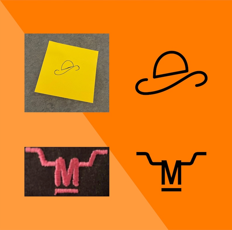 May include: A yellow sticky note with a hand-drawn image of a hat. A black and white line drawing of a hat. A black and white line drawing of a stylized letter M with a line underneath. A black fabric patch with a pink embroidered letter M.