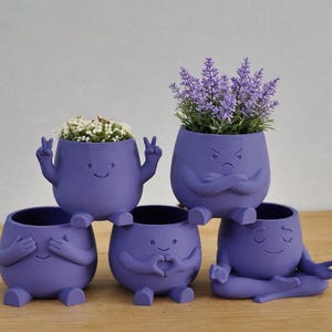 Könnte beinhalten: Ein Set aus fünf violetten Pflanzgefäßen mit anthropomorphen Merkmalen. Ein Gefäß zeigt ein Friedenszeichen, eines hat verschränkte Arme und einen wütenden Ausdruck, eines bedeckt seine Augen, eines formt ein Herz und eines sitzt im Lotussitz.