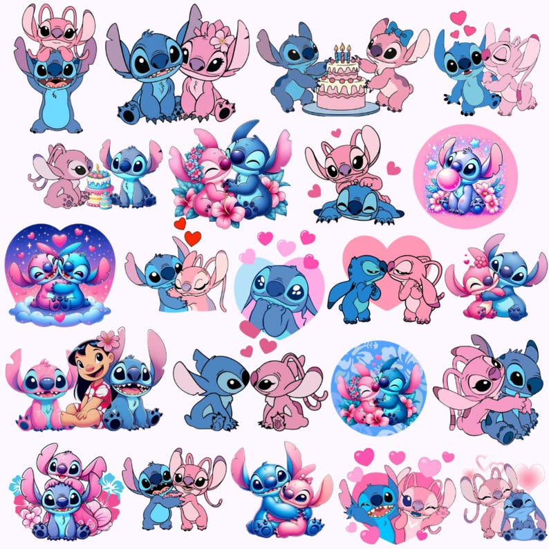 May include: A collection of cartoon character stickers featuring Stitch and Angel in various poses. The stickers are primarily blue and pink, with hearts and floral accents. Some stickers show the characters with a cake or in an embrace.