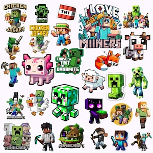 May include: A collection of colorful Minecraft-themed stickers featuring various characters and elements from the game. Includes pixelated figures of zombies, creepers, and other creatures, along with the text "Chicken Jockey" and "TNT".