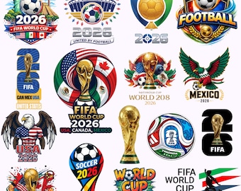 Peut inclure: Ensemble de logos et d'emblèmes colorés de la Coupe du Monde de la FIFA 2026. Les motifs comprennent des ballons de football, des trophées, des drapeaux et le texte "FIFA World Cup 2026" et "Soccer 2026". Les logos présentent les drapeaux des États-Unis, du Canada et du Mexique.