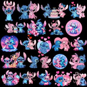 May include: A collection of blue and pink cartoon character illustrations on a black background. The characters are in various poses, some holding cakes, others embracing, and surrounded by hearts and flowers. The overall theme is love and friendship.