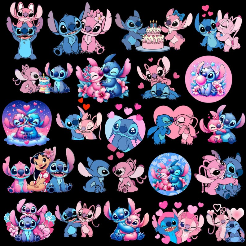 May include: A collection of blue and pink cartoon character illustrations on a black background. The characters are in various poses, some holding cakes, others embracing, and surrounded by hearts and flowers. The overall theme is love and friendship.