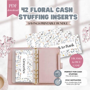 Könnte beinhalten: Ein rosa A6-Ordner mit goldfarbener Hardware, der florale Cash-Stuffing-Einsätze enthält. Die Einsätze weisen botanische Designs und den Text „Groceries“ und „Back to Bank“ auf. Das Bild enthält auch den Text „42 Floral Cash Stuffing Inserts“ und „Savings Printable Bundle“.