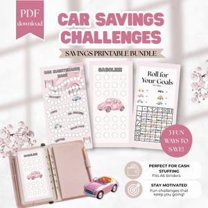 Può includere: Pacchetto di sfide di risparmio auto stampabili rosa con il testo "Car Savings Challenges" e "Savings Printable Bundle". Include una gara di manutenzione auto, un tracker della benzina e "Roll for your goals".