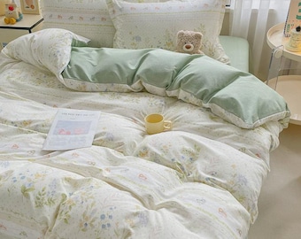 100% katoenen beddengoedset met groene bloemen, cottagecore-dekbedovertrek met wilde bloemen, zacht pastelbotanisch beddengoed