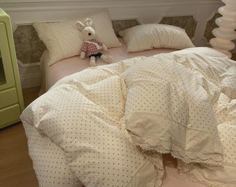 Cottagecore Double Gauze Bedding Set,Ruffle Duvet Cover Set,Soft Breathable Cotton Bedding,All Season Bed Set with Fitted Sheet,Dorm Decor