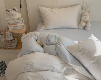 Cloud & Seagull Cotton Double Gauze Bedding Set, 100% Cotton Duvet Cover Set, Soft Breathable Bed Linen, Minimalist Coastal Bedroom Decor