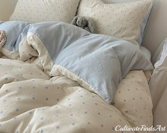 Dual Sided Cream Polka Dot & Pale Blue Double Gauze Cotton Bed Set, Wrinkle Soft Breathable Reversible Duvet, Gentle Neutral Bedding