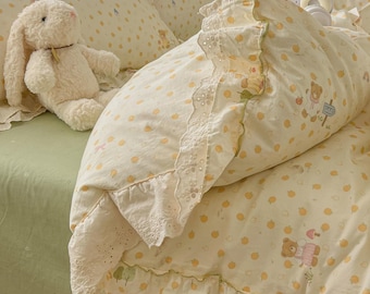 Princess Style Cotton Bedding Set, 4-Piece with Ruffled Duvet Cover, Floral Teen Girl Bedroom Decor, Soft Cotton Sheets