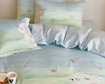 100S satijnkatoen schattige puppy borduurwerk 4-delig beddengoed, verse pastel kinderdekbedovertrek set platte lakens