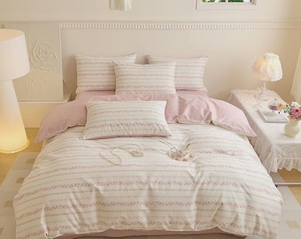 100% Cotton Aesthetic Pink Floral Striped Bedding Set, Cozy Cottagecore Duvet Cover, French Romantic Bedroom Decor, Soft Breathable Bedding