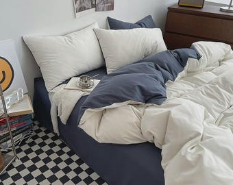 Gewaschener Baumwollbettbezug, Farbblock-Bettwäscheset, minimalistische weiche Bettwäsche, modernes Schlafzimmerdekor