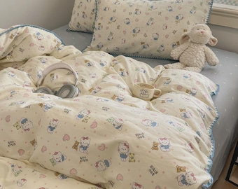 Cute Blue Hello Cat Bedding Set, Pure Cotton Duvet Cover and Sheet Set, Kawaii Dorm Room Decor, Soft Breathable Bedspread