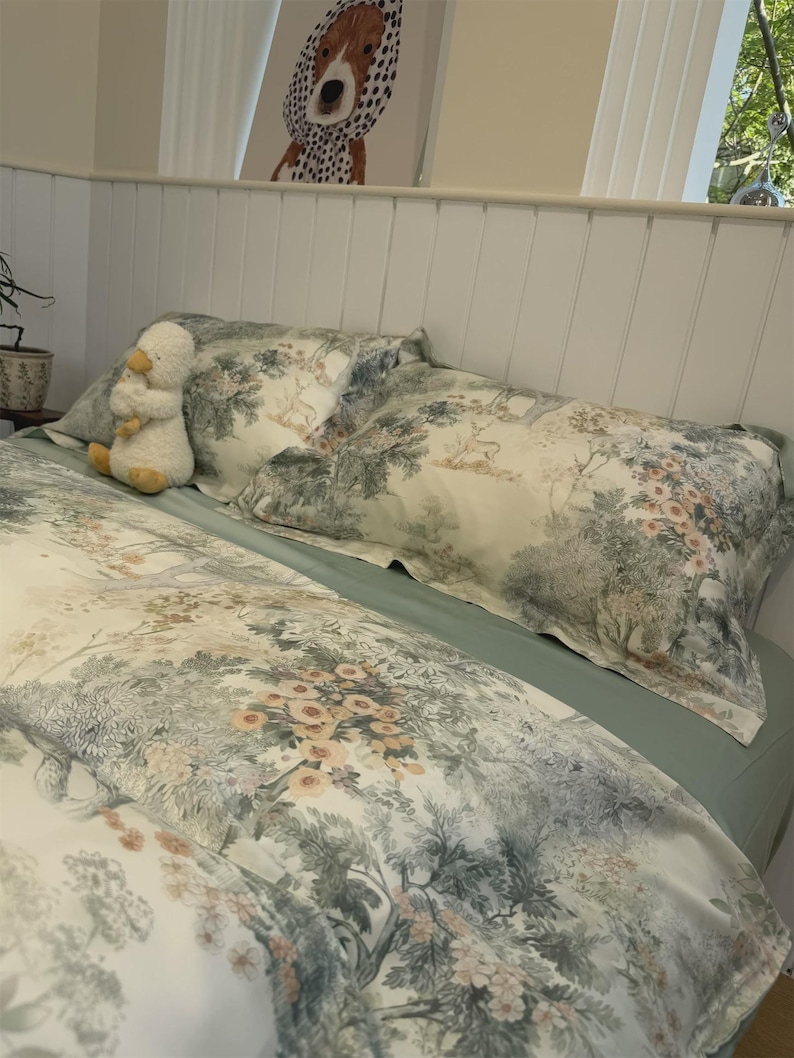 French Country Floral Tencel Bedding Set,4 Piece Luxury Duvet Cover and Sheet Set, Soft Breathable Summer Bedding, Cottagecore Bedroom Decor image 1