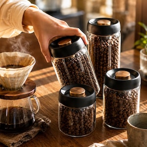 以下が含まれることがあります： 黒い蓋と金色のアクセントが付いた、コーヒー豆を保管するためのガラス瓶のコレクション。瓶には濃い茶色のコーヒー豆が入っています。手が瓶の1つを持っています。背景にはコーヒーの注ぎ込みセットアップがあります。