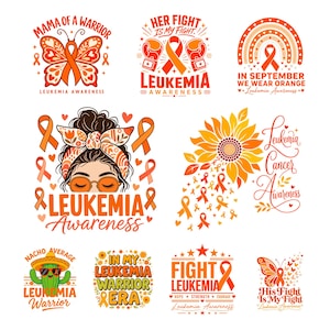 Può includere: Una collezione di dieci disegni grafici a tema arancione per la sensibilizzazione alla leucemia con farfalle, guantoni da boxe, arcobaleni, girasoli, una persona con fascia, un cactus e testi come Mama of a Warrior e Fight Leukemia.