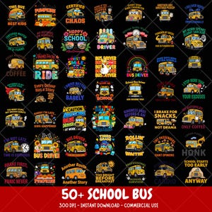 Puede incluir: Una colección digital de 50 diseños gráficos de autobuses escolares sobre un fondo negro, con autobuses amarillos y varios eslóganes humorísticos como Certified Chaos, Bus Driver y First Smile of the School Day, con motivos florales coloridos.