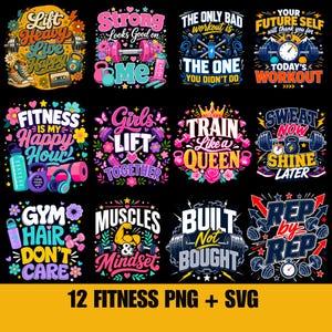 Puede incluir: Una colección de doce diseños gráficos coloridos con temática de fitness que incluyen mancuernas, pesas rusas y textos motivacionales como Lift Heavy Live Happy, Train Like a Queen y Rep by Rep, dispuestos en una cuadrícula sobre fondo negro.