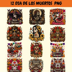 Peut inclure: Une collection de 12 motifs numériques Dia de los Muertos présentant des crânes en sucre colorés, des squelettes, des œillets d'Inde et des papillons. Chaque graphique inclut du texte thématique comme Honor Ancestors, Queen of Souls et Fiesta Forever.