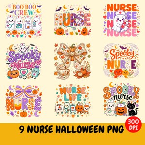 May include: A digital collection of nine Halloween-themed nurse graphics featuring ghosts, pumpkins, stethoscopes, and medical supplies. The designs include text such as Boo Boo Crew, Nurse, Spooky Nurse, and Nurse Life, decorated with autumn leaves and bows.
