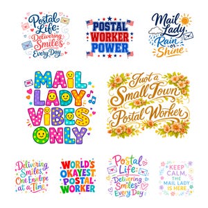 Può includere: Una collezione di dieci design grafici colorati con testo e illustrazioni a tema postale. Le frasi includono Postal Life, Postal Worker Power, Mail Lady Rain or Shine, Mail Lady Vibes Only, Small Town Postal Worker e Keep Calm.
