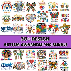 May include: A digital collection of over 30 colourful graphic designs featuring autism awareness themes, including puzzle piece patterns, rainbows, hearts, butterflies, elephants, and inspirational text like Autism Awareness and My Superpower.