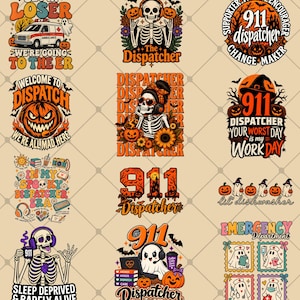 Puede incluir: Una colección de doce diseños gráficos con ilustraciones temáticas de Halloween de esqueletos, fantasmas, calabazas y motivos de despacho de emergencia. Los diseños incluyen textos como Get In Loser We're Going To The ER, 911 Dispatcher y Emergency Department, en vibrantes tonos naranja, negro y morado.
