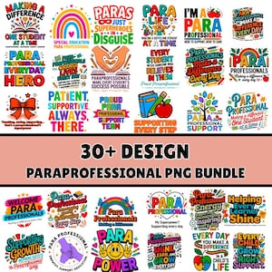 Könnte beinhalten: Eine digitale Sammlung von über 30 farbenfrohen Grafikdesigns mit Text und Illustrationen rund um Paraprofessionals. Die Designs enthalten Regenbogen, Äpfel, Bücher, Stifte und inspirierende Sätze wie Making a Difference und Para Power.