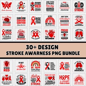 Puede incluir: Una colección digital de más de 30 diseños gráficos con cintas de concienciación rojas, corazones, cerebros y guantes de boxeo con texto sobre la concienciación sobre el ictus, incluyendo frases como In May We Wear Red, en una cuadrícula.