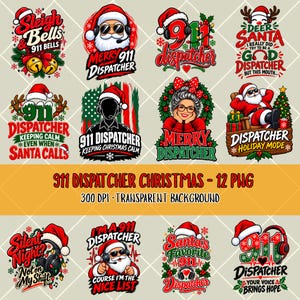 Puede incluir: Una colección de doce diseños gráficos digitales con ilustraciones de operadores del 911 con temática navideña. Los diseños incluyen a Santa Claus, coronas, auriculares y textos como Sleigh & Bells, Merry 911 Dispatcher y Santa's Favorite.