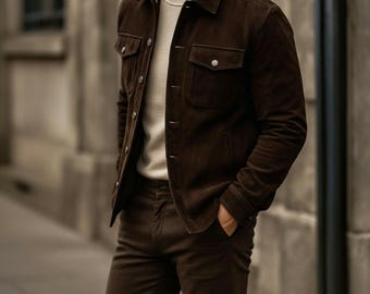 Chaqueta tipo camionero estilo western de ante marrón para hombre