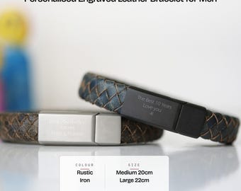 Pulsera de cuero personalizada grabada para hombre – Estilo trenzado antiguo
