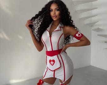Nurse Cosplay Costume: Figure-Hugging Dress, Fishnet Stockings, Headpiece