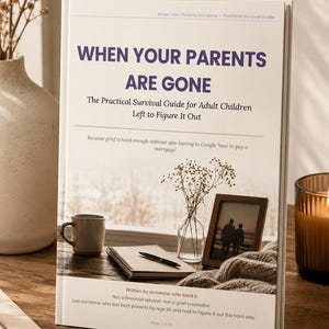 May include: A book titled "When Your Parents Are Gone" with the subtitle "The Practical Survival Guide for Adult Children Left to Figure It Out." The book is on a wooden surface with a mug, pen, notebook, and framed photo.