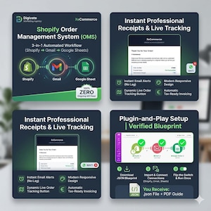 May include: A digital marketing graphic promoting a Shopify Order Management System (OMS). The graphic highlights features like automated workflow, instant receipts, live tracking, and plugin-and-play setup. The color scheme is green, white, and black, with icons for Shopify, Gmail, and Google Sheets.