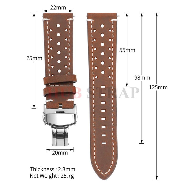 May include: Brown leather watch strap with white stitching and perforated design. The strap is 75mm long and 22mm wide at the lug end, with a thickness of 2.3mm. The net weight is 25.7g. The strap has a stainless steel clasp.