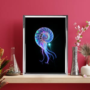 May include: A framed vertical wall art print featuring a glowing, bioluminescent nautilus shell with iridescent blue, purple, and pink tentacles against a solid black background. The frame is metallic silver with a clean, rectangular profile.