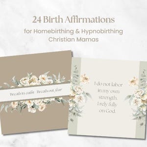 Puede incluir: Dos tarjetas con diseños florales y texto. La primera tarjeta es de color canela con una pancarta blanca que dice "Breath in calm, Breath out fear". La segunda tarjeta es blanquecina con el texto "I do not labor in my own strength. I rely fully on God."
