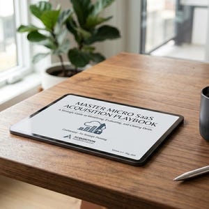 May include: A wooden table with a digital tablet displaying the text "MASTER MICRO SaaS ACQUISITION PLAYBOOK". A black mug of coffee, a silver pen, and a book are also on the table. A potted plant is visible in the background.