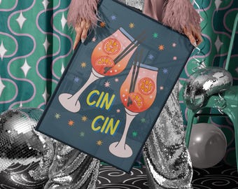 Aperol Cocktail Poster | Retro Cin Cin Küchenkunst, umweltfreundliches Papier