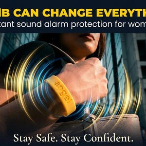 May include: A yellow wristband with the word angel embossed on the surface. The text 130 dB CAN CHANGE EVERYTHING. Instant sound alarm protection for women. Stay Safe. Stay Confident. is displayed around the product, which emits yellow and blue light waves.