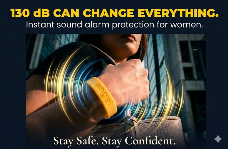 May include: A yellow wristband with the word angel embossed on the surface. The text 130 dB CAN CHANGE EVERYTHING. Instant sound alarm protection for women. Stay Safe. Stay Confident. is displayed around the product, which emits yellow and blue light waves.