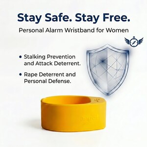 Peut inclure: Un bracelet en silicone jaune avec le mot angel en relief sur le c&ocirc;t&eacute; et une petite ic&ocirc;ne USB. Le texte indique Stay Safe. Stay Free. Personal Alarm Wristband for Women, Stalking Prevention and Attack Deterrent, et Rape Deterrent and Personal Defense.